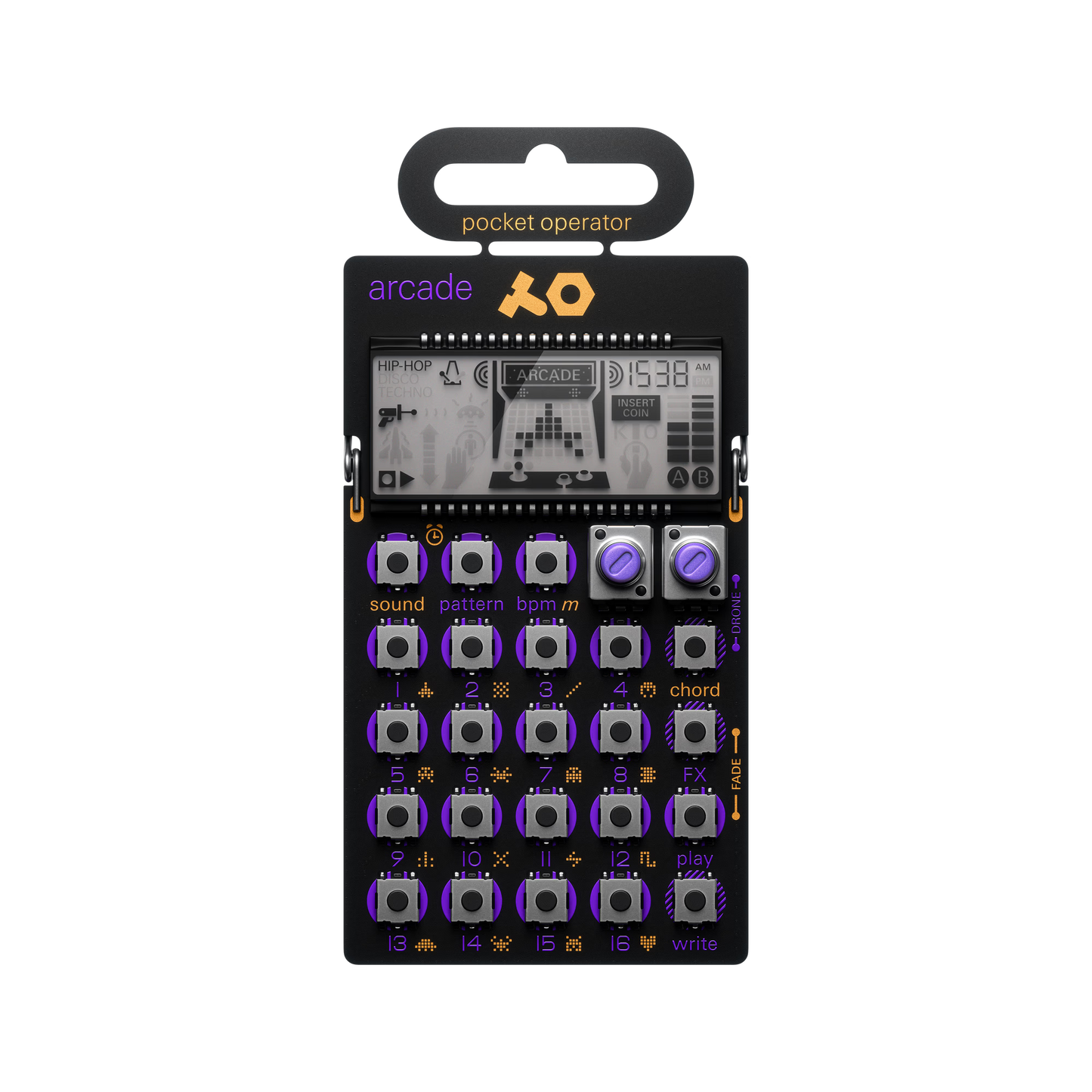 Teenage Engineering PO-20 Arcade Pocket Operator synth with purple controls front view