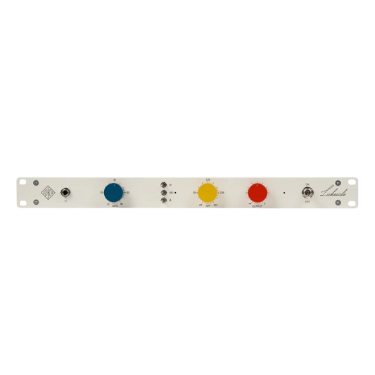 Flat front view of the Soyuz Lakeside microphone preamp showing the cream chassis, colorful control knobs, and toggle switches at Arda Suppliers
